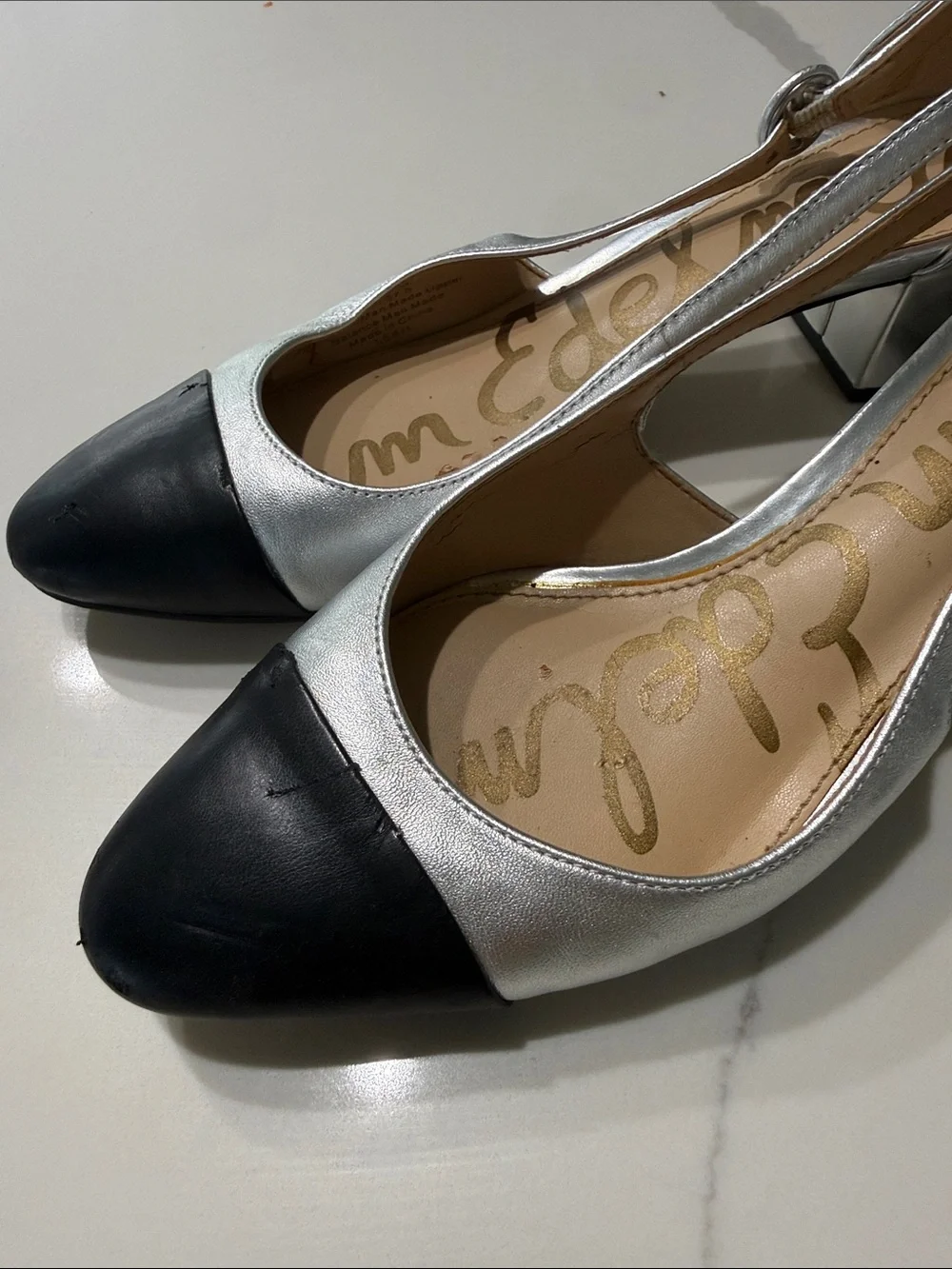 Sam Edelman Silver and Black Slingback Block Heel Pumps